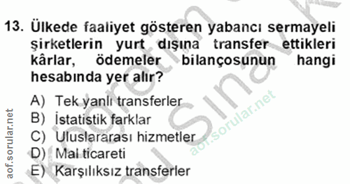 13. soru: Ülkede faaliyet gösteren yabancı sermayeli şirketlerin yurt dışına transfer ettikleri kârlar, ödemeler bilançosunun h…