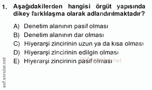 8. soru: Aşağıdakilerden hangisi örgüt yapısında dikey farklılaşma olarak adlandırılmaktadır? A) Denetim alanının pasif olması…