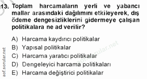 13. soru: Toplam harcamaların yerli ve yabancı mallar arasındaki dağılımını etkileyerek, dış ödeme dengesizliklerini gidermeye…