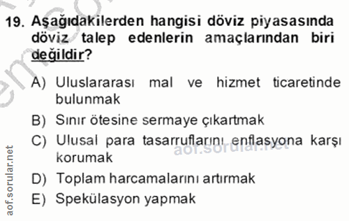 19. soru: Aşağıdakilerden hangisi döviz piyasasında döviz/ talep edenlerin amaçlarından biri değildir? A) Uluslararası mal ve h…