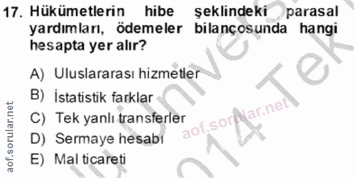 17. soru: Hükümetlerin hibe şeklindeki parasal yardımları, ödemeler bilançosunda hangi hesapta yer alır? A) Uluslararası hizmet…