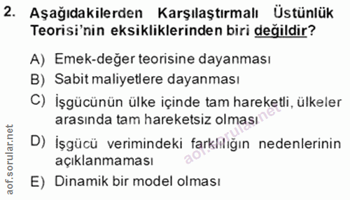 2. soru: Aşağıdakilerden Karşılaştırmalı Üstünlük Teorisi'nin eksikliklerinden biri değildir? A) Emek-değer teorisine dayanmas…