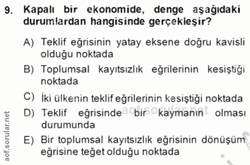 9. soru: Kapalı bir ekonomide, denge aşağıdaki durumlardan hangisinde gerçekleşir? A) Teklif eğrisinin yatay eksene doğru kavi…