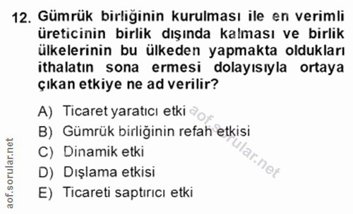 12. soru: Gümrük birliğinin kurulması ile en verimli üreticinin birlik dışında kalması ve birlik ülkelerinin bu ülkeden yapmakt…