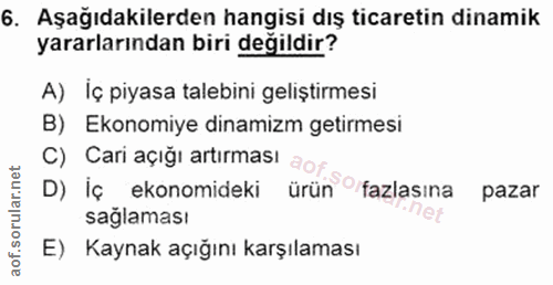 6. soru: Aşağıdakilerden hangisi dış ticaretin dinamik yararlarından biri değildir? A) İç piyasa talebini geliştirmesi B) Ekon…