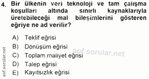 4. soru: Bir ülkenin veri teknoloji ve tam çalışma koşulları altında sınırlı kaynaklarıyla üretebileceği mal bileşimlerini gös…