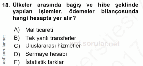 18. soru: Ülkeler arasında bağış ve hibe şeklinde yapılan işlemler, ödemeler bilançosunda hangi hesapta yer alır? A) Mal ticare…