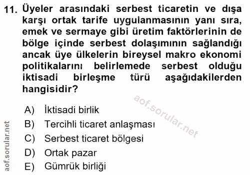 11. soru: Üyeler arasındaki serbest ticaretin ve dışa karşı ortak tarife uygulanmasının yanı sıra, emek ve sermaye gibi üretim…