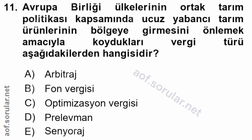 11. soru: Avrupa Birliği ülkelerinin ortak tarım politikası kapsamında ucuz yabancı tarım ürünlerinin bölgeye girmesini önlemek…