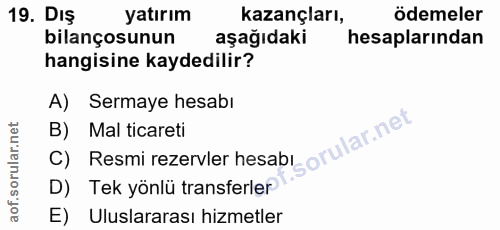 19. soru: DIS yatırım kazançları, ödemeler bilançosunun aşağıdaki hesaplarından hangisine kaydedilir? A) Sermaye hesabı C) Resm…