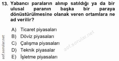 13. soru: Yabancı paraların alınıp satıldığı ya da bir ulusal paranın başka bir paraya dönüstürülmesine olanak veren ortamlara…
