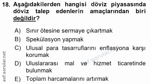 18. soru: Aşağıdakilerden hangisi döviz piyasasında döviz talep edenlerin amaçlarından biri değildir? A) Sınır ötesine sermaye…