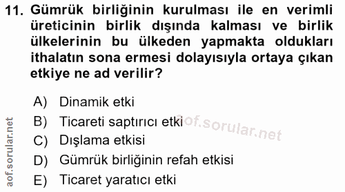 11. soru: Gümrük birliğinin kurulması ile en verimli üreticinin birlik dışında kalması ve birlik ülkelerinin bu ülkeden yapmakt…