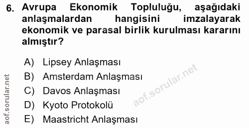 6. soru: Avrupa Ekonomik Topluluğu, aşağıdaki anlaşmalardan hangisini imzalayarak ekonomik ve parasal birlik kurulması kararın…