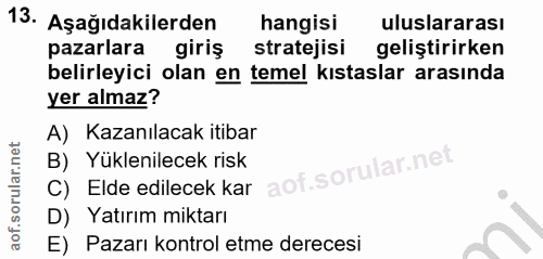 13. soru: Aşağıdakilerden hangisi uluslararası pazarlara giriş stratejisi geliştirirken belirleyici olan en temel kıstaslar ara…