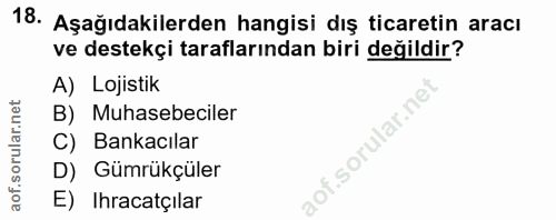 18. soru: Aşağıdakilerden hangisi dış ticaretin aracı ve destekçi taraflarından biri değildir? A) Lojistik B) Muhasebeciler Ban…