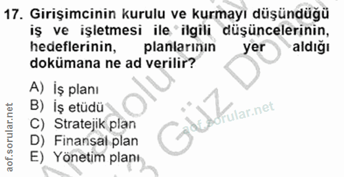 17. soru: Girişimcinin kurulu ve kurmayı düşündüğü iş ve işletmesi ile ilgili düşüncelerinin, hedeflerinin, planlarınin yer ald…