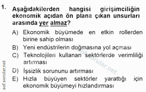 1. soru: Aşağıdakilerden hangisi girişimciliğin ekonomik açıdan ön plana çıkan unsurları arasında yer almaz? A) Ekonomik büyüm…