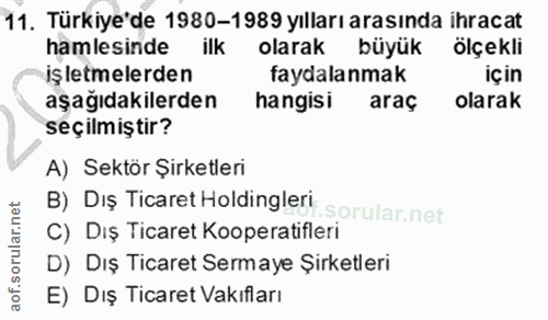 11. soru: Türkiye'de 1980-1989 yılları arasında ihracat hamlesinde ilk olarak büyük ölçekli işletmelerden faydalanmak için aşağ…