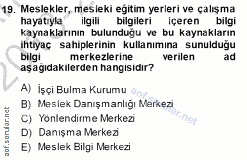19. soru: Meslekler, mesleki eğitim yerleri ve çalışma hayatıyla ilgili bilgileri içeren bilgi kaynaklarının bulunduğu ve bu ka…