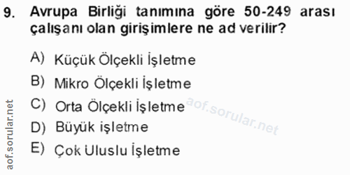 9. soru: Avrupa Birliği tanımına göre 50-249 arası çalışanı olan girişimlere ne ad verilir? A) Küçük Ölçekli İşletme C) Orta O…
