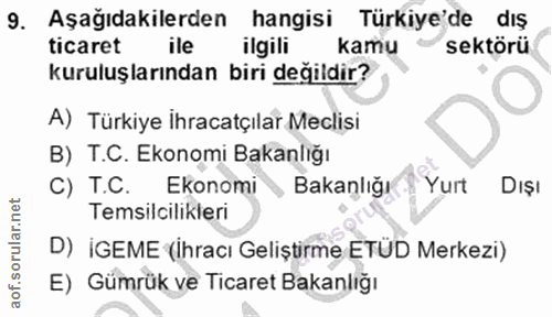 9. soru: Aşağıdakilerden hangisi Türkiye'de dış ticaret ile ilgili kamu sektörü kuruluşlarından biri değildir? A) Türkiye İhra…