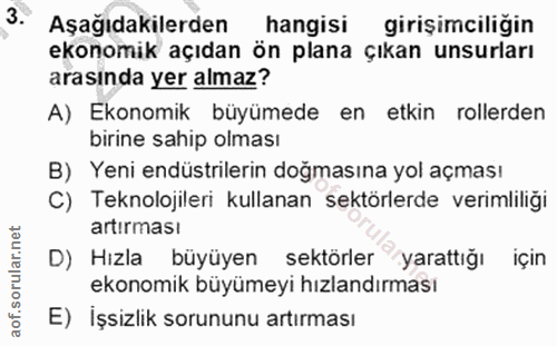 3. soru: Aşağıdakilerden hangisi girişimciliğin ekonomik açıdan ön plana çıkan unsurları arasinda yer almaz? A) Ekonomik büyüm…