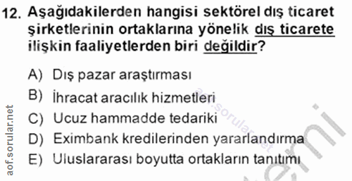 12. soru: Aşağıdakilerden hangisi sektörel dış ticaret şirketlerinin ortaklarına yönelik dış ticarete ilişkin faaliyetlerden bi…