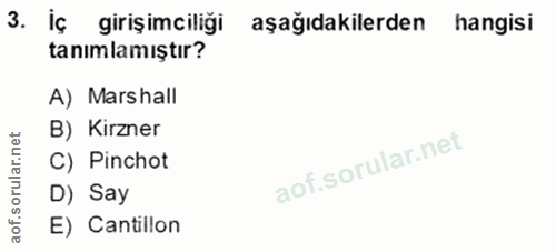 3. soru: iç girişimciliği aşağıdakilerden hangisi tanımlamıştır? A) Marshall B) Kirzner C) Pinchot D) Say E) Cantillon