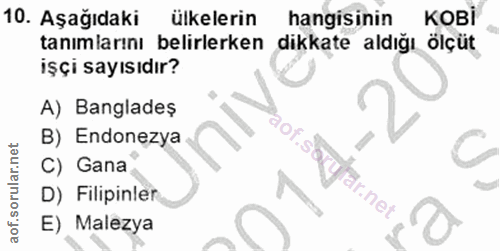 10. soru: Aşağıdaki ülkelerin hangisinin кові tanımlarını belirlerken dikkate aldığı ölçüt işçi sayısıdır? A) Bangladeş B) Endo…