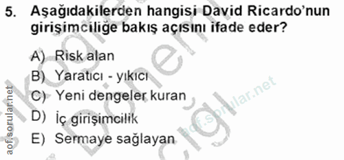 5. soru: Aşağıdakilerden hangisi David Ricardo'nun girişimciliğe bakış açısını ifade eder? A) Risk alan B) Yaratıcı - yıkicı A…