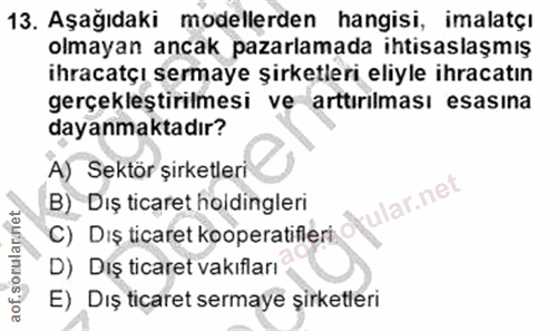 13. soru: Aşağıdaki modellerden hangisi, imalatçı olmayan ancak pazarlamada ihtisaslaşmış ihracatçı sermaye şirketleri eliyle i…
