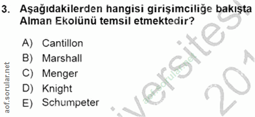 3. soru: Aşağıdakilerden hangisi girişimciliğe bakışta Alman Ekolünü temsil etmektedir? A) Cantillon B) Marshall ersite C) Men…