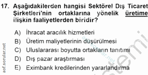 17. soru: Aşağıdakilerden hangisi Sektörel Dış Ticaret Şirketleri'nin ortaklarına yönelik üretime ilişkin faaliyetlerden biridi…