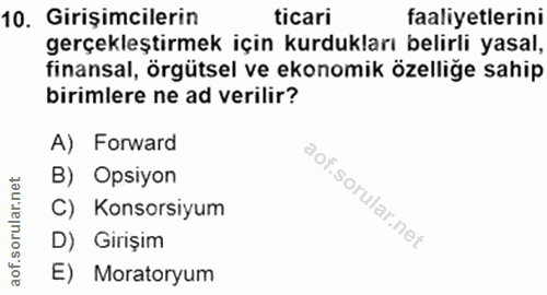 10. soru: Girişimcilerin ticari faaliyetlerini gerçekleştirmek için kurdukları belirli yasal, finansal, örgütsel ve ekonomik öz…