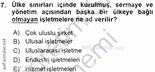 7. soru: Ülke sınırları içinde kurulmuş, sermaye ve yönetim açısından başka bir ülkeye bağlı olmayan işletmelere ne ad verilir…