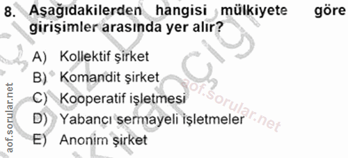 8. soru: Aşağıdakilerden hangisi mülkiyete göre girişimler arasında yer alır? A) Kollektif şirket B) " Komandit şirket C) Koop…