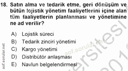 18. soru: Satın alma ve tedarik etme, geri dönüşüm ve bütün lojistik yönetim faaliyetlerini içine alan tüm faaliyetlerin planla…