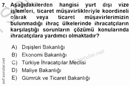 7. soru: Aşağıdakilerden hangisi yurt dışı vize işlemleri, ticaret müşavirlikleriyle koordineli olarak veya ticaret müşavirler…