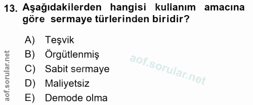 13. soru: Aşağıdakilerden hangisi kullanım amacına göre sermaye türlerinden biridir? A) Teşvik B) Örgütlenmiş C) Sabit sermaye…