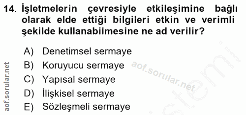 14. soru: İşletmelerin çevresiyle etkileşimine bağlı olarak elde ettiği bilgileri etkin ve verimli şekilde kullanabilmesine ne…