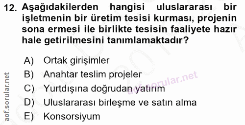 12. soru: Aşağıdakilerden hangisi uluslararası bir işletmenin bir üretim tesisi kurması, projenin sona ermesi ile birlikte tesi…