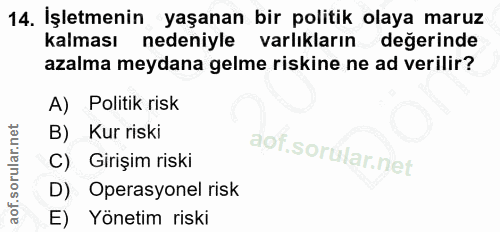 14. soru: İşletmenin yaşanan bir politik olaya maruz kalması nedeniyle varlıkların değerinde azalma meydana gelme riskine ne ad…