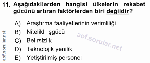 11. soru: Aşağıdakilerden hangisi ülkelerin rekabet gücünü artıran faktörlerden biri değildir? Araştırma faaliyetlerinin veriml…