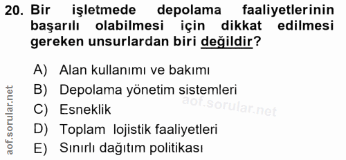20. soru: Bir işletmede depolama faaliyetlerinin başarılı olabilmesi için dikkat edilmesi gereken unsurlardan biri değildir? A)…