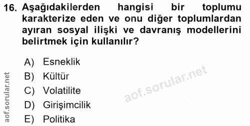 16. soru: Aşağıdakilerden hangisi bir toplumu karakterize eden ve onu diğer toplumlardan ayıran sosyal ilişki ve davranış model…