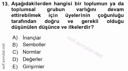 13. soru: Aşağıdakilerden hangisi bir toplumun ya da toplumsal grubun varlığını devam ettirebilmek için üyelerinin çoğunluğu ta…