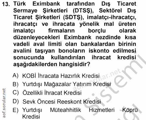 13. soru: Türk Eximbank tarafından Dış Ticaret Sermaye Şirketleri (DTSŞ), Sektörel Dış Ticaret Şirketleri (SDTŞ), imalatçı-ihra…