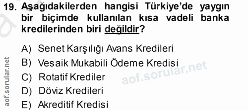 19. soru: Aşağıdakilerden hangisi Türkiye'de yaygın bir biçimde kullanılan kısa vadeli banka kredilerinden biri değildir? A) Se…