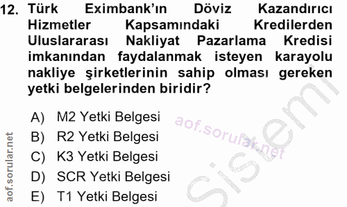 12. soru: Türk Eximbank'ın Döviz Kazandırıcı Hizmetler Kapsamındaki Kredilerden Uluslararası Nakliyat Pazarlama Kredisi imkanın…
